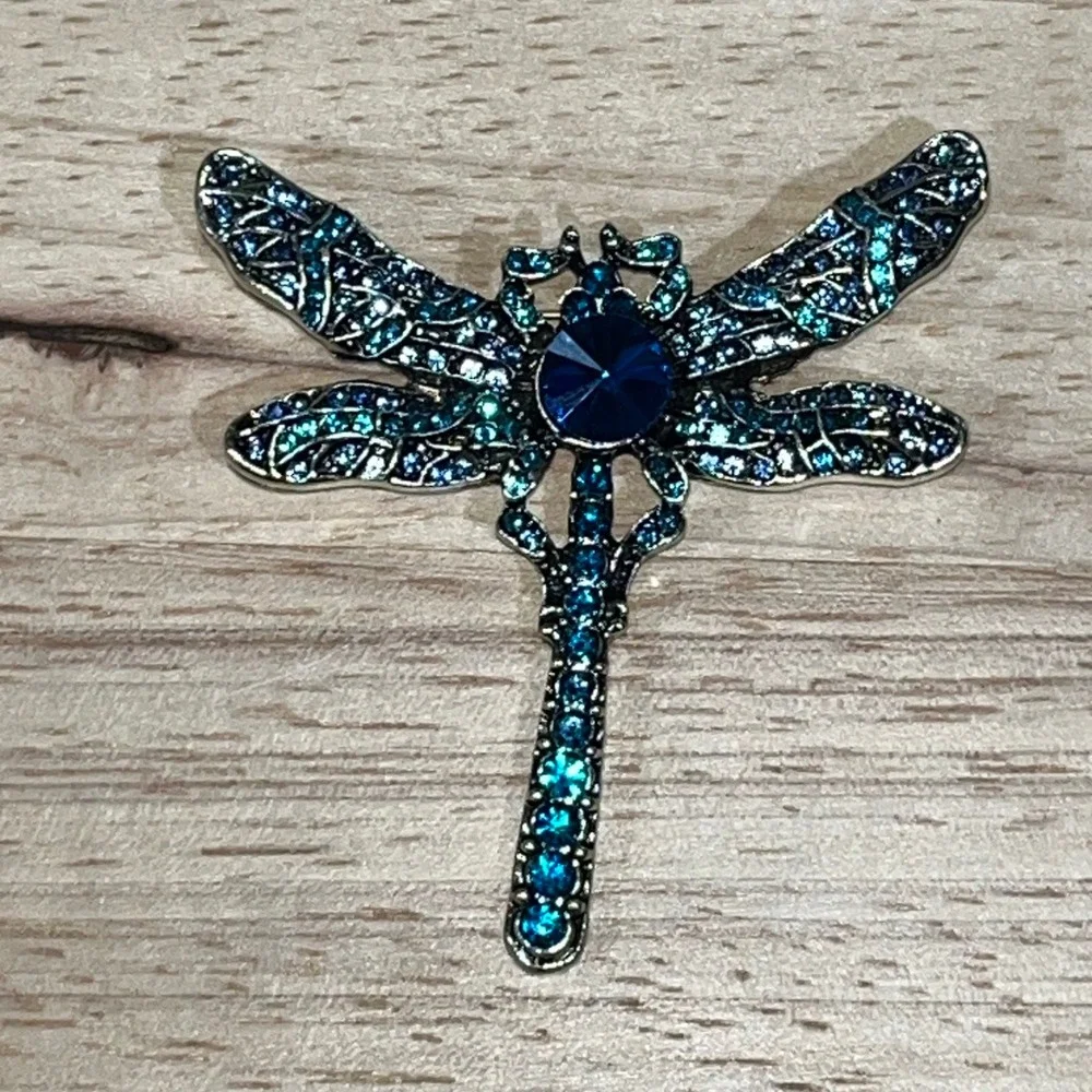 New Dragonfly Brooch Womens Blue Rhinestone Crystal Silver Tone Pin Fairy Garden